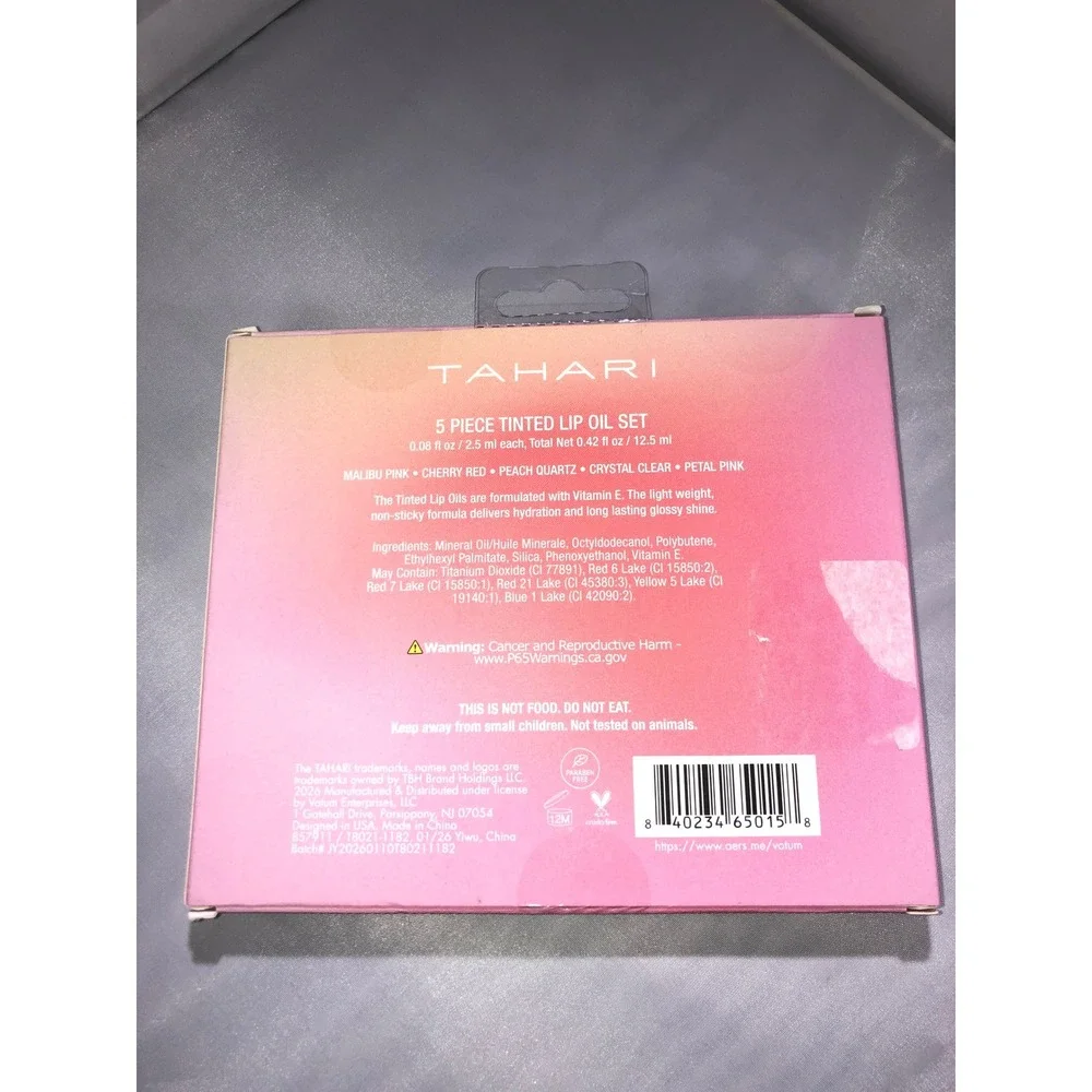 Tahari 5 Piece Hydrating Tinted Lip Oil Set Malibu Pink Cherry Red Peach Quartz